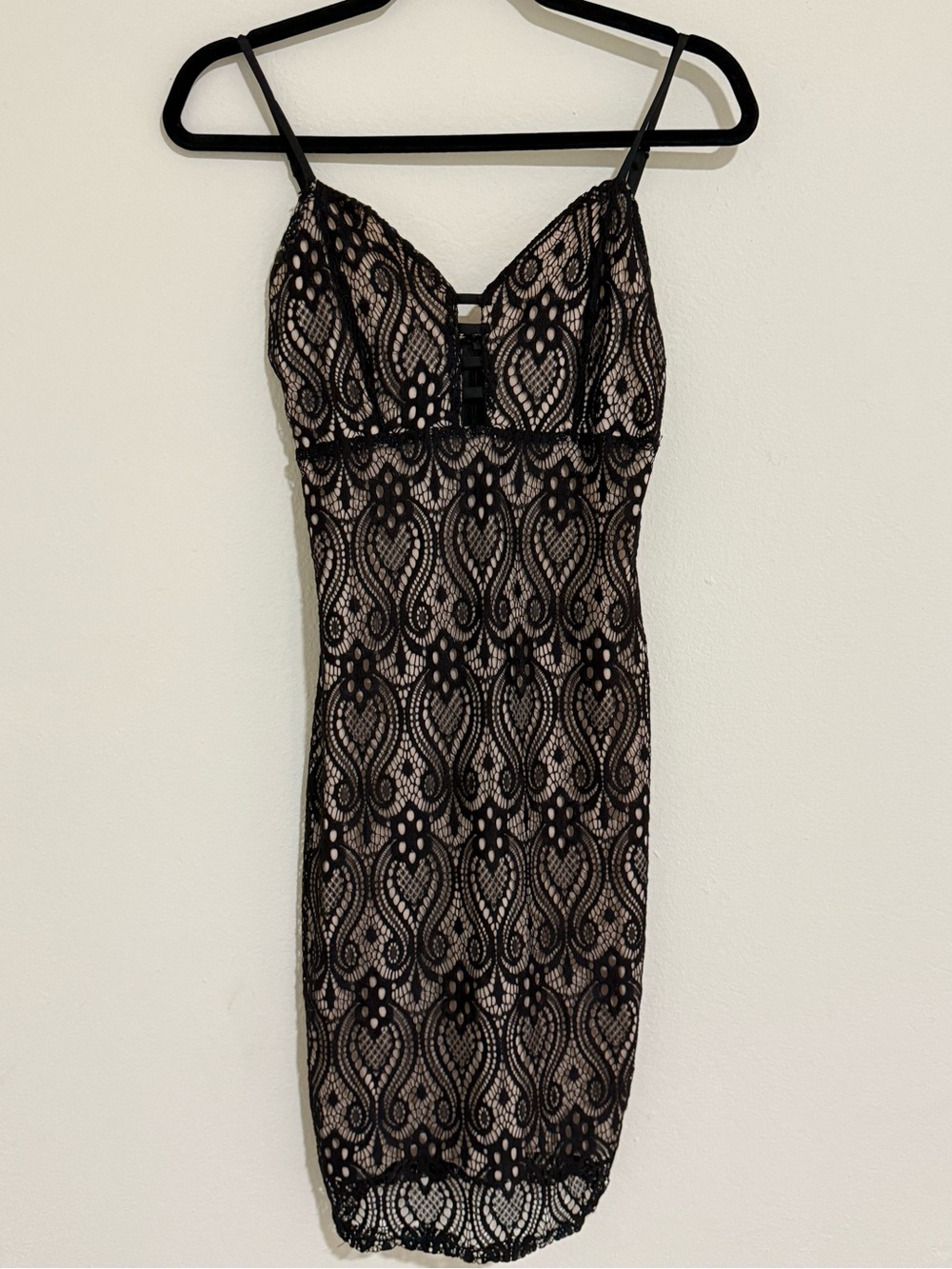 love J Black Lace Overlay Mini Dress with Nude Underlay